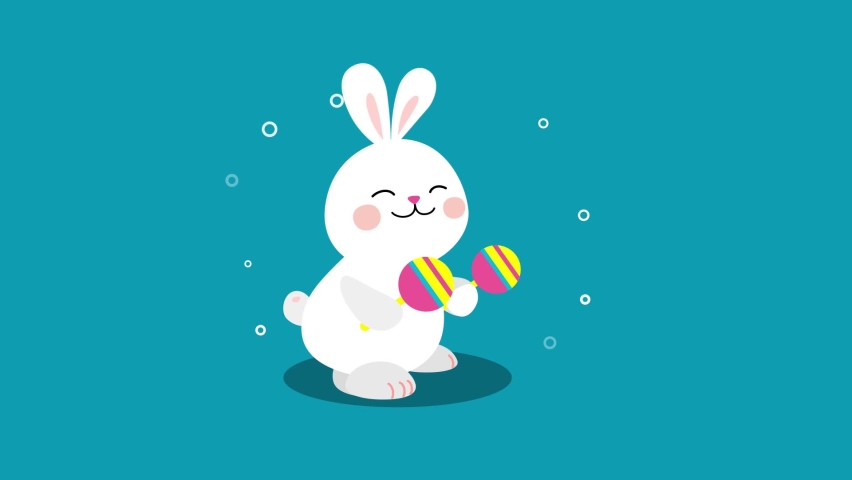 Funny, children's animation with a dancing rabbit. Joyful, cute character plays a musical instrument. Looped, dynamic banner for holidays, congratulations. Seamless looping. Sticker for social network Royalty-Free Stock Footage #1089561807