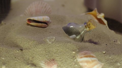 Seashells and stars lying on the sand . Wind blows , sand rising up . Composition of red star fish little figures , bottle with message or letter inside . Slow motion . Summer holiday concept or theme