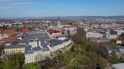 Aerial Drone Over European City Of Olomouc With Rooftops And Church Steeple On Clear Day In Autumn In Czech Republic