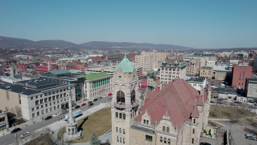 Scranton Pennsylvania Lackawanna County Courthouse and Federal Courthouse Fly Over to Electric City Sign