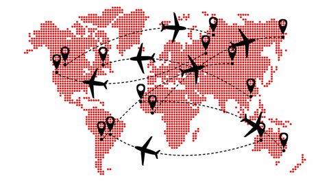 Animated planes fly along a trajectory. Airplane travel. Looped video. Airplane fly from one place to another. Red world map from point pattern on a white background.
