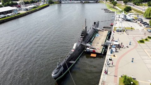 Kaliningrad, Russia, 14, August, 2021:
Russian submarine in the World Ocean Museum in Kaliningrad, drone view of the submarine in the museum