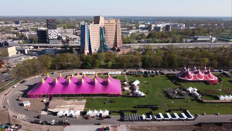 GRONINGEN, NETHERLANDS - 23. APRIL 2022: Aerial view of Stadspark. Preparation for the Kingsland festival on Kingsday