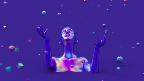 Modern minimal trendy surreal 3d render illustration, posing attractive mannequin model, human young character statue, holographic metal iridescent gradient neon woman, face and head portrait.