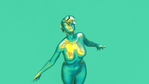 Modern minimal trendy surreal 3d render illustration, posing attractive mannequin model, human young character statue, green holographic metal iridescent standing nude pretty woman.