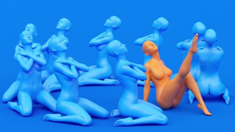 Modern minimal trendy surreal 3d render illustration, posing attractive mannequin model, human young character statue, different individual unique concept, sitting blue elegant beautiful pretty women.