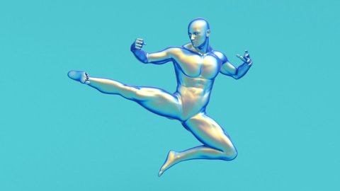 Modern minimal trendy surreal 3d render illustration, posing attractive mannequin model, human young character statue, kung fu fighter, athletic martial power strong jumping fighting man.
