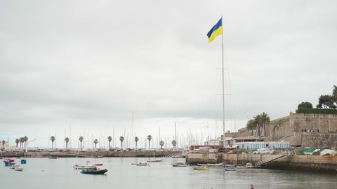 Portugal. Cascais April 2022 Support Ukraine. Ukrainian flag in sign of support for the Ukrainian people against Russian invasion. Stop war Stand with Ukraine