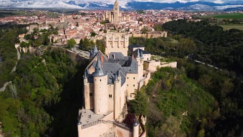 Aerial view of Segovia Alcazar, famous landmark in Segovia, Spain. High quality 4k footage