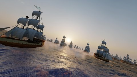 The fleet sailed out in the sunset