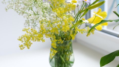 Summer or spring bouquet with yellow and white flowers in vase on windowsill. Changing focus