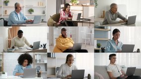Collage Of Many Diverse People Using Laptop Computers Working And Communicating Online Sitting At Home. Internet Technologies, Freelance And Distance Job Concept