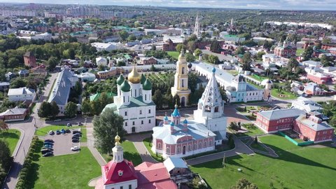 Cityscape of Kolomna, Moscow oblast, Russia. Cathedral of the Ascension visible from above. High quality 4k footage