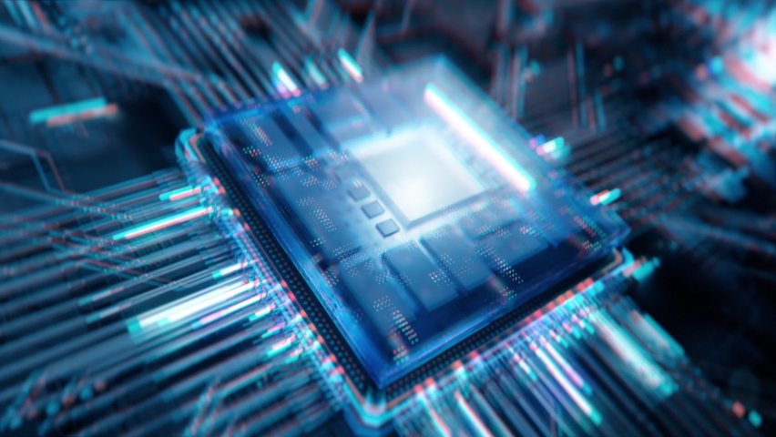 Concept: Advanced Microprocessor Chip Connecting with a Motherboard and Activates entire System. Energy Pulse Expanding after CPU Connected to Socket.