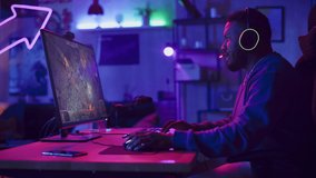Professional eSports Gamer Winning Online Tournament. RPG Strategy Video Game with Lots of Action and Fun on His Powerful Personal Computer at Home. Cyber Gaming Stylish Retro Neon Room.