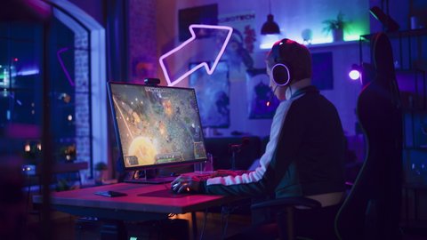 Professional eSports Female Gamer Plays RPG Strategy Video Game with Lots of Action and Fun on Her Powerful Personal Computer at Home. Cyber Gaming Stylish Retro Neon Room.