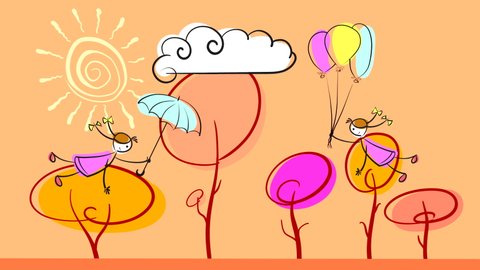 Two girls fly with balloons and an umbrella against the background of autumn trees trees and the sky with a cloud and the sun. Looped flat animation with drawn characters.