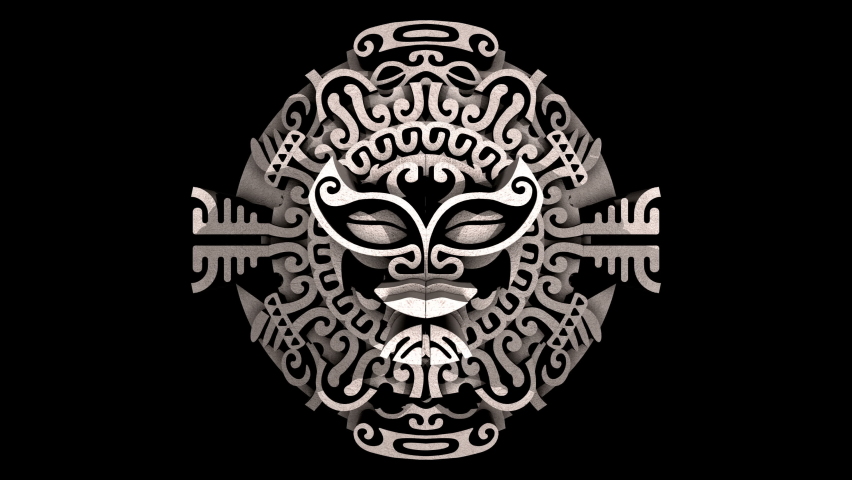 Stone carved tribal mask. 3D animation. Includes ALPHA MATTE. Perfect 4K video for TV show, catwalk, stage design, documentary movie or Samoan design and Polynesian art related projects. Royalty-Free Stock Footage #1089582811