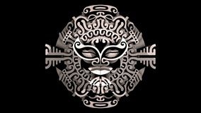 Stone carved tribal mask. 3D animation. Includes ALPHA MATTE. Perfect 4K video for TV show, catwalk, stage design, documentary movie or Samoan design and Polynesian art related projects.