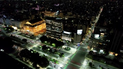 Buenos Aires, Buenos Aires, Argentina - 04.19.2022 - Panoramic aerial landscape famous 9th July avenue at downtown of capital city of Argentina. Buenos Aires Night CIty. Buenos Aires Argentina.