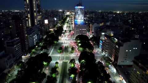Buenos Aires, Buenos Aires, Argentina - 04.19.2022 - Panoramic aerial landscape famous 9th July avenue at downtown of capital city of Argentina. Buenos Aires Night. Buenos Aires Argentina.