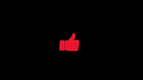 Animated hand cursor clicks on the thumbs up red icon. Thumb up. Animated like, subscribe, notification button. Black background.
