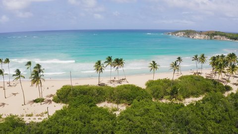 Wild palm beach on the Caribbean coast of a tropical peninsula. Green palm trees on white sand. Turquoise sea under blue cloudy sky. Travel to tropical paradise. Summer vacation at sea.
