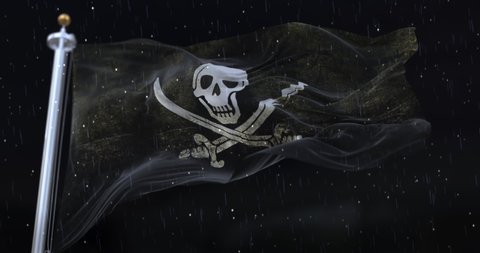 Pirate Flag Waving with rain and snow in the night. Loop