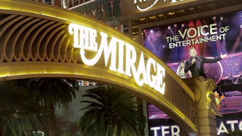 Las Vegas, USA - January 2016 : Neon entrance sign of the Mirage hotel and casino at night on the Strip in Paradise, Nevada, United States