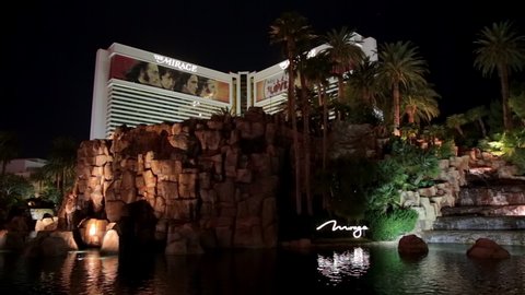 Las Vegas, USA - January 2016 : The Mirage at night with a view on the fountain, a Hotel and Casino located on the Las Vegas Strip in Paradise, Nevada, USA