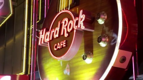 Las Vegas, USA - January 2016 : Giant guitar at the entrance of the Hard Rock Cafe at night