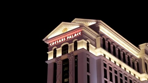 Las Vegas, USA - January 2016 : Caesars Palace luxury hotel and casino facade at night in Las Vegas, Nevada, United States
