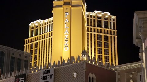 Las Vegas, USA - January 2016 : The Palazzo tower at night, part of the Venetian Las Vegas, a luxury hotel and casino resort located on the Las Vegas Strip in Paradise, Nevada, United States