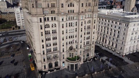 LIVERPOOL, UK - 2022: Establishing aerial view of Liverpool UK with Liver building