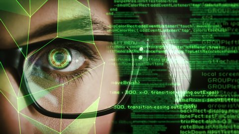 Human Cyborg. Young Woman Eyes with Glasses Futuristic Holographic Hud and Data Code. High Technology Augmented or Virtual Reality Animation. Face Recognition, Surveillance System.