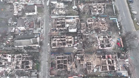 Kiev, Ukraine - 03.08.2022: Completely destroyed and ruined city in Ukraine. Bombed city.