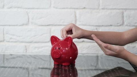 child puts coins in a piggy bank, close-up hands, the concept of saving the budget
