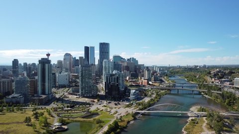 Aerial of Calgary's skyline, the Bow River and bridge