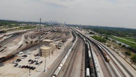 Fort Worth, TX USA - Aril 16, 2022: Aerial view of railroad transportation hub outside of downtown Fort Worth.