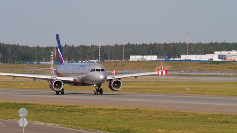 MOSCOW, RUSSIAN FEDERATION - JULY 31, 2021: Airbus A321 of Aeroflot taxiing after landing at Sheremetyevo Airport, Moscow (SVO). Tourism and travel concept