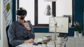 Sales consultant working with vr goggles for business growth, using virtual reality headset with 3d interactive simulation. Research assistant analyzing sales diagram presentation. - Powered by Shutterstock - Get 15% off with code: PIKWIZARD15