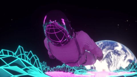 Astronaut surrounded by flashing neon lights. Music and nightclub concept. Retro 80s style synthwave background