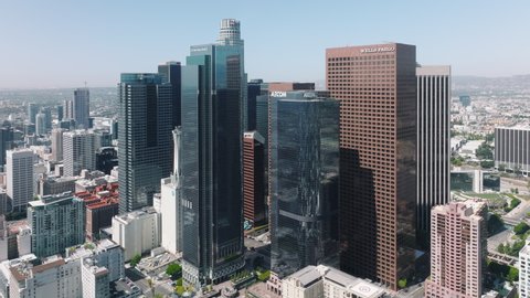 Los Angeles downtown USA April 2022. Aerial view of the Financial District in Downtown Los Angeles, California on sunny summer day. Famous skyscrapers in United states of America. Aerial drone shot 4K