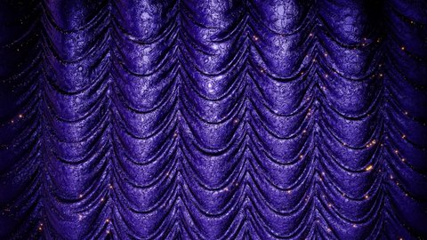 Realistic 3D animation of the luxurious and fancy dark lavender blue metallic textured theater stage Austrian curtain with glittering golden sequins rendered in UHD with alpha matte