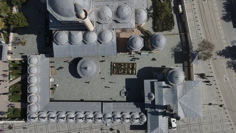 Drone view of historical places of konya from the air, drone view of sultan selim mosque and Mevlana museum, domes of historical buildings