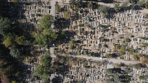 Aerial view of the historical Ucler cemetery in Konya, the Muslim cemetery with white graves, drone view of the historical family's tombs in Konya