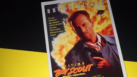 Rome, Italy - April 01, 2022, detail of the postcard of the movie poster of The Last Boy Scout, Mission to survive, directed by Tony Scott and starring Bruce Willis and Damon Wayans.