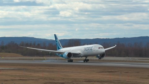 Oslo Airport Norway - April 23 2022: airplane boeing 787 dreamliner norse atlantic airways rondane arrival landing
