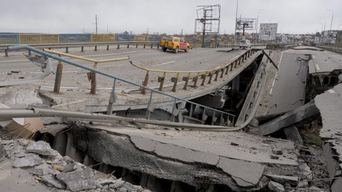 Cars bridge destruction Ukraine war Russia Ukraine damage infrastructure bridge collapse infrastructure broken bridge destroyed logistic. War 2022 Russian invasion Ukraine destroyed road cars crossing