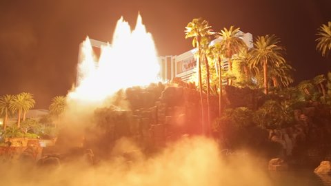 Las Vegas, USA - January 2016 : The Mirage hotel and casino volcano show with fire erupting on the Strip in Paradise, Nevada, United States